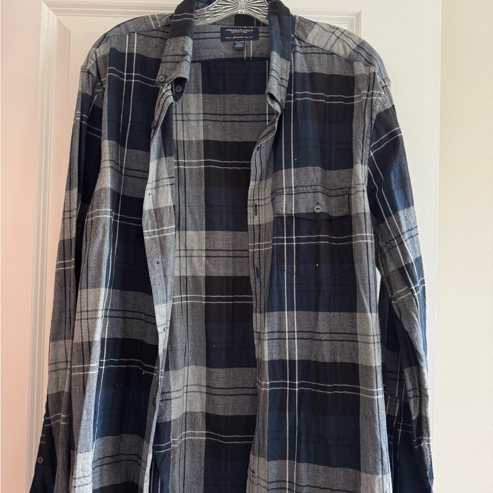 American Eagle Outfitters Blue and Gray Plaid Long Sleeve Shirt Size XXL